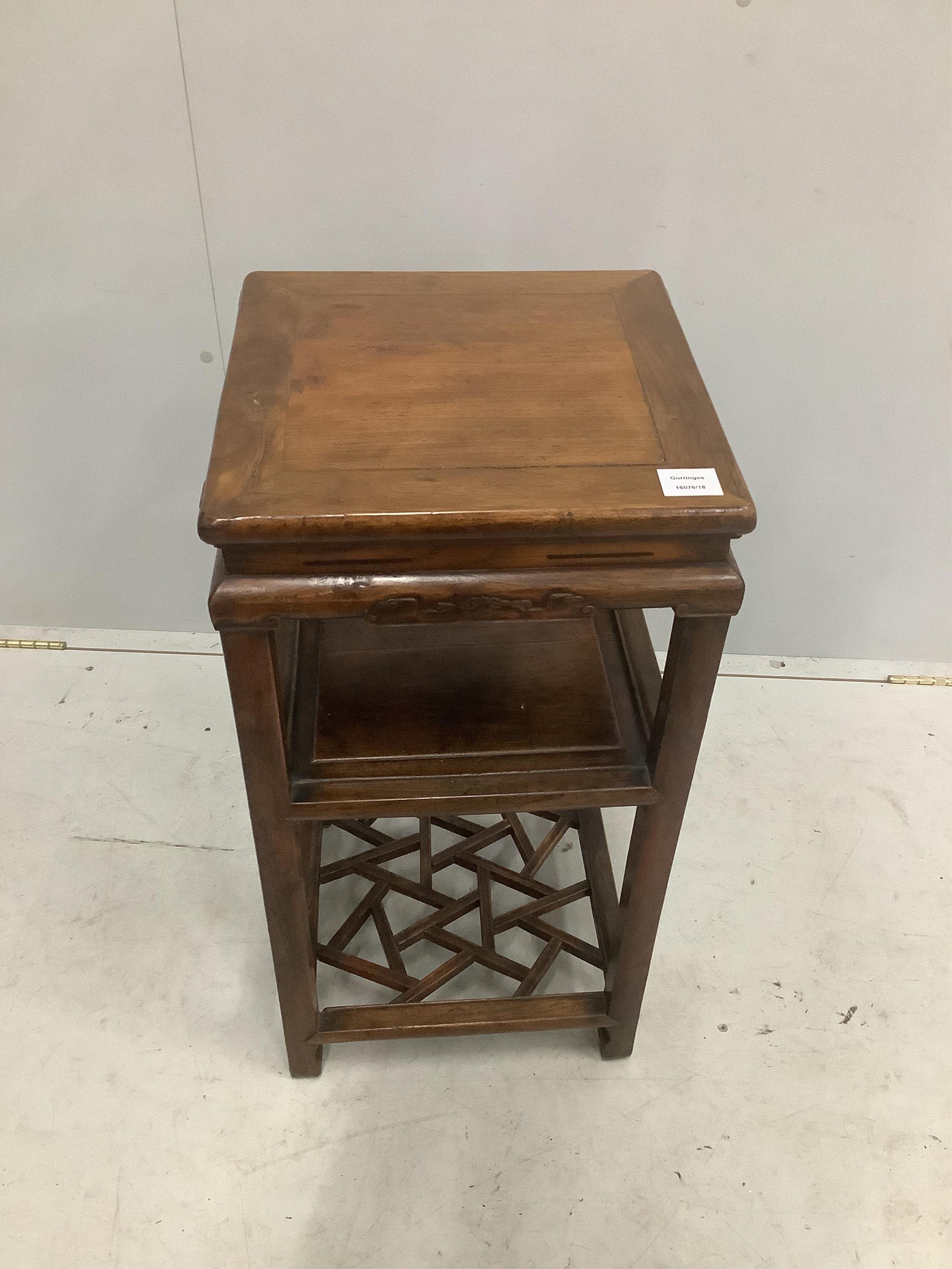 An 18th / 19th century Chinese elm stand, width 37cm, depth 37cm, height 75cm. Condition - fair